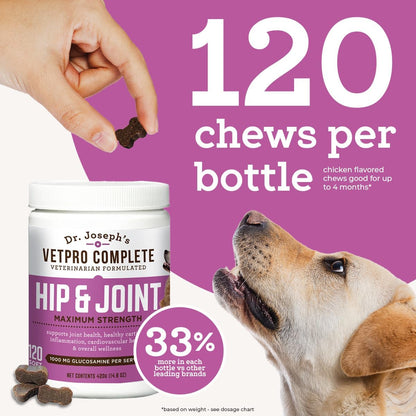 Dr. Joseph's VetPro Complete Dog Hip & Joint Supplement for Arthritis Pain Relief – High-Strength Glucosamine & Chondroitin Chews for Senior Dogs – Vet Formulated Daily Treats, Chicken Flavor, 120 Ct - dailyvitalstore