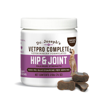 Dr. Joseph's VetPro Complete Dog Hip & Joint Supplement for Arthritis Pain Relief – High-Strength Glucosamine & Chondroitin Chews for Senior Dogs – Vet Formulated Daily Treats, Chicken Flavor, 60 Ct - dailyvitalstore