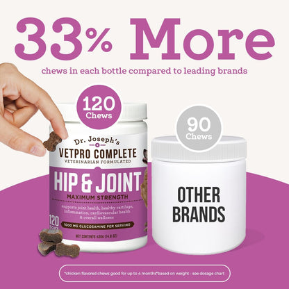 Dr. Joseph's VetPro Complete Dog Hip & Joint Supplement for Arthritis Pain Relief – High-Strength Glucosamine & Chondroitin Chews for Senior Dogs – Vet Formulated Daily Treats, Chicken Flavor, 120 Ct - dailyvitalstore