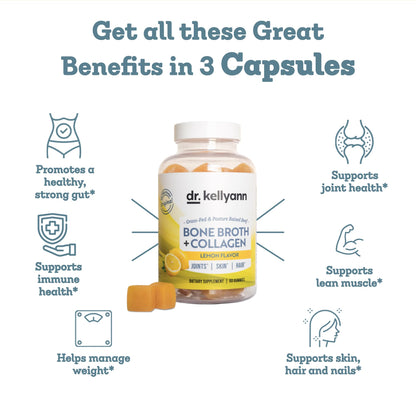 Dr. Kellyann Collagen + Bone Broth Gummies, Lemon | Gut, Skin, Joint & Hair Support | Grass-Fed Beef | Non-GMO, Dairy-Free, Soy-Free | 60 Gummies - dailyvitalstore