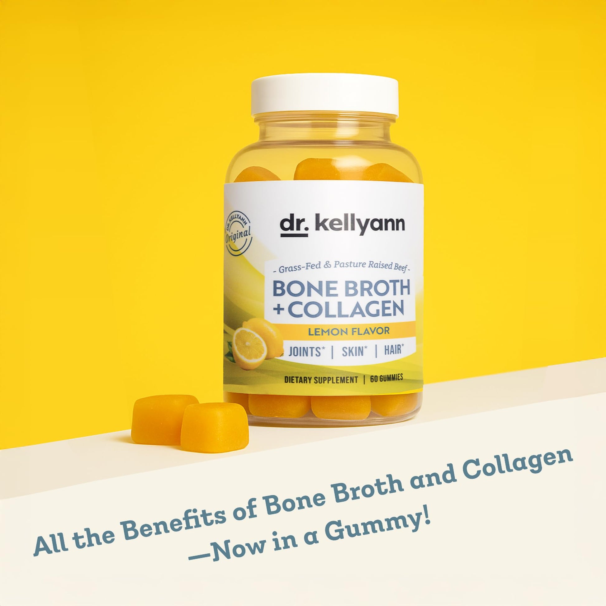 Dr. Kellyann Collagen + Bone Broth Gummies, Lemon | Gut, Skin, Joint & Hair Support | Grass-Fed Beef | Non-GMO, Dairy-Free, Soy-Free | 60 Gummies - dailyvitalstore