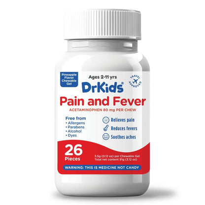 Dr. Kids Children’s Pain and Fever Chewable Gels – Pain Relief and Fever Reducer for Kids Ages 2–11, 80 mg Chewable Acetaminophen for Headache, Sore Throat, Cold & Flu, Pineapple Flavor, 26 Count - dailyvitalstore