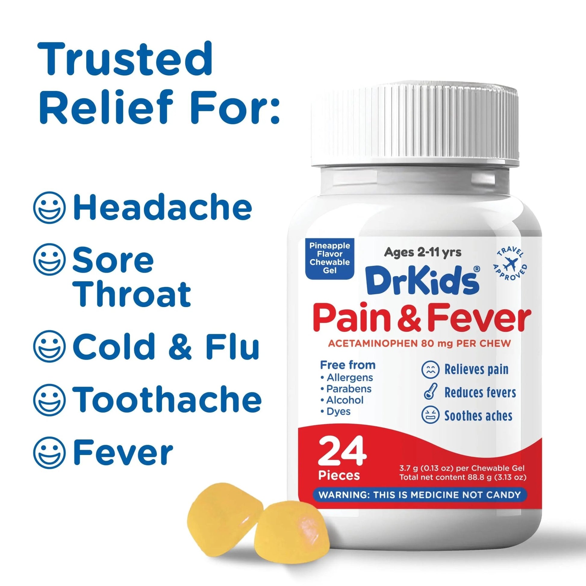 Dr. Kids Children’s Pain and Fever Chewable Gels – Pain Relief and Fever Reducer for Kids Ages 2–11, 80 mg Chewable Acetaminophen for Headache, Sore Throat, Cold & Flu, Pineapple Flavor, 24 Count - dailyvitalstore