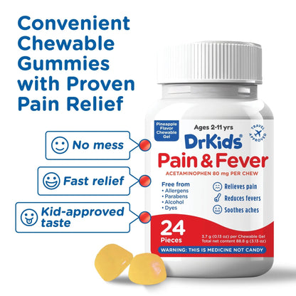 Dr. Kids Children’s Pain and Fever Chewable Gels – Pain Relief and Fever Reducer for Kids Ages 2–11, 80 mg Chewable Acetaminophen for Headache, Sore Throat, Cold & Flu, Pineapple Flavor, 24 Count - dailyvitalstore