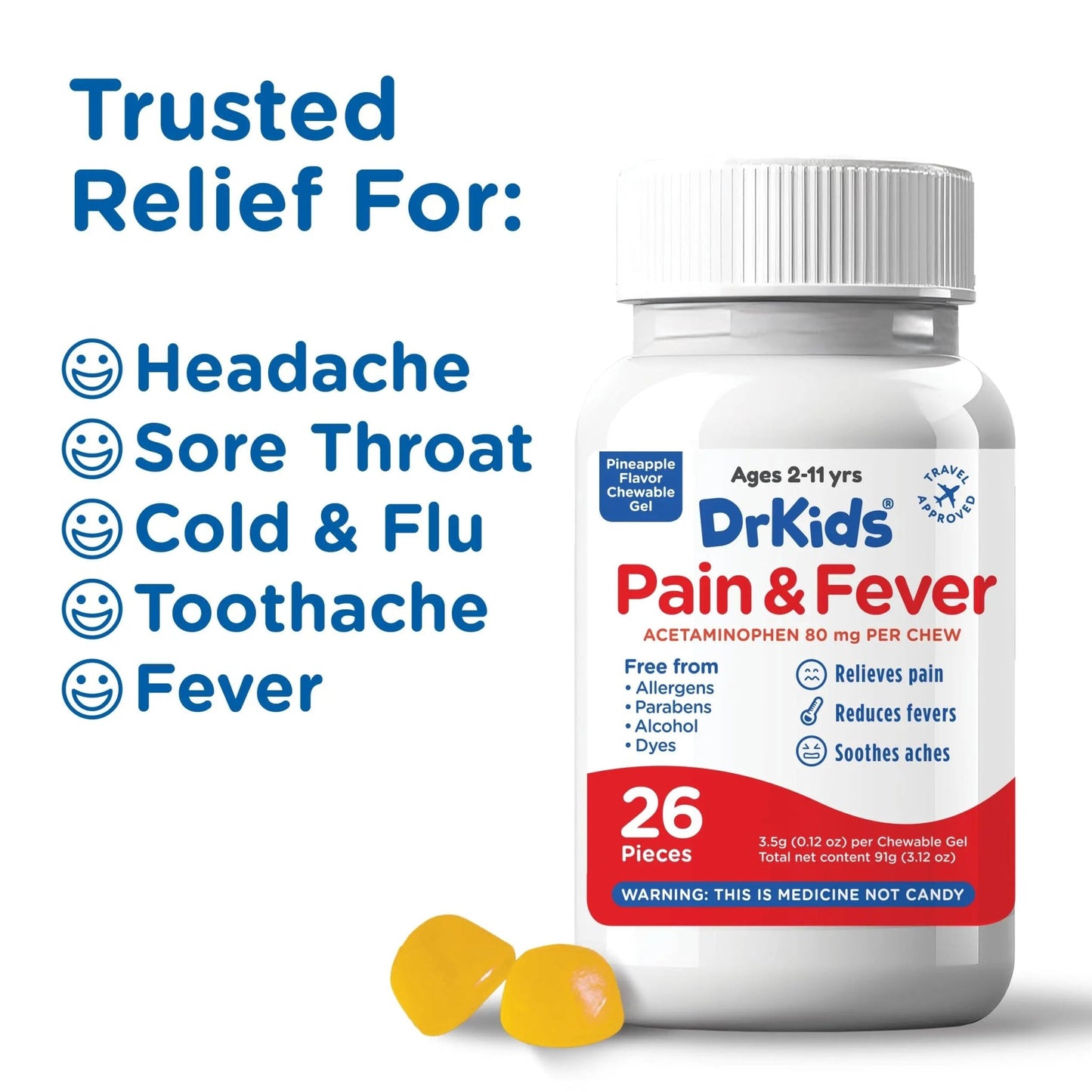 Dr. Kids Children’s Pain and Fever Chewable Gels – Pain Relief and Fever Reducer for Kids Ages 2–11, 80 mg Chewable Acetaminophen for Headache, Sore Throat, Cold & Flu, Pineapple Flavor, 26 Count - dailyvitalstore