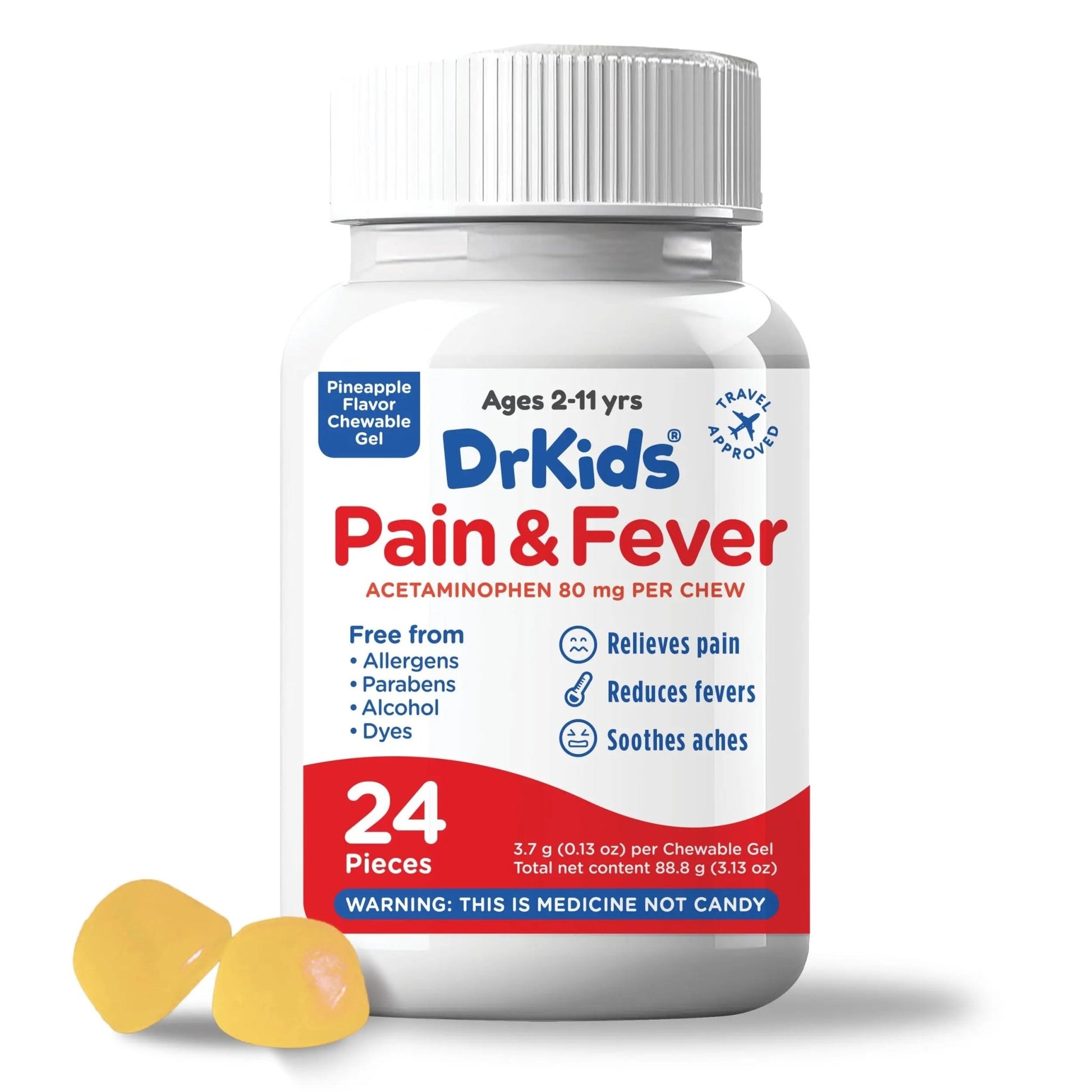 Dr. Kids Children’s Pain and Fever Chewable Gels – Pain Relief and Fever Reducer for Kids Ages 2–11, 80 mg Chewable Acetaminophen for Headache, Sore Throat, Cold & Flu, Pineapple Flavor, 24 Count - dailyvitalstore