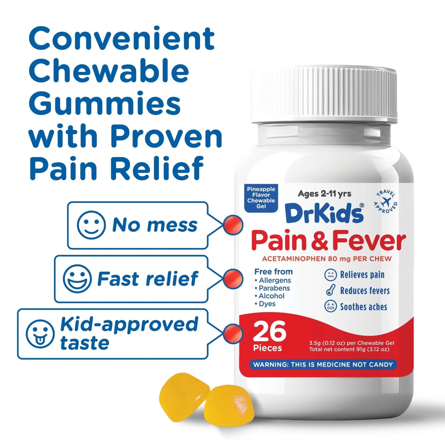 Dr. Kids Children’s Pain and Fever Chewable Gels – Pain Relief and Fever Reducer for Kids Ages 2–11, 80 mg Chewable Acetaminophen for Headache, Sore Throat, Cold & Flu, Pineapple Flavor, 26 Count - dailyvitalstore