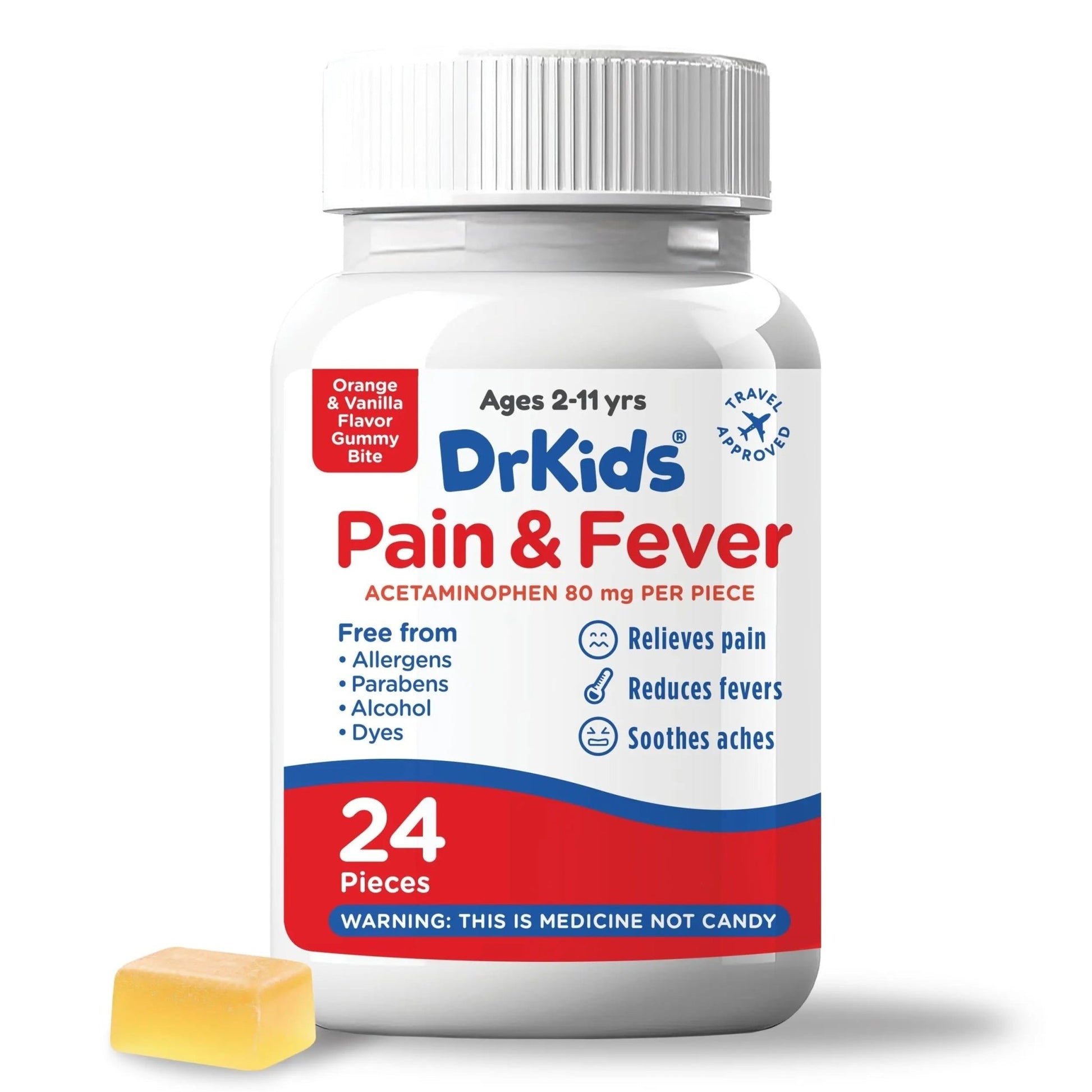 Dr. Kids Children’s Pain and Fever Gummy Bite - Chewable Acetaminophen for Kids Ages 2-11, Pre-Measured Soft Chews for Headache, Sore Throat, Cold and Flu, Orange Vanilla Flavor, 24 Count - dailyvitalstore