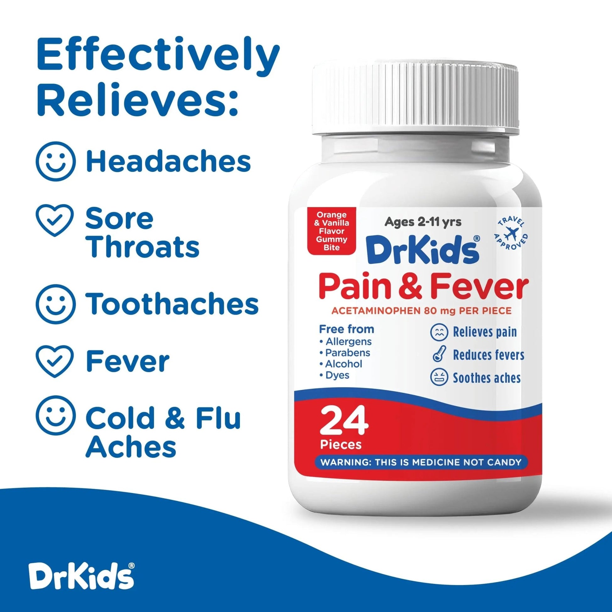 Dr. Kids Children’s Pain and Fever Gummy Bite - Chewable Acetaminophen for Kids Ages 2-11, Pre-Measured Soft Chews for Headache, Sore Throat, Cold and Flu, Orange Vanilla Flavor, 24 Count - dailyvitalstore