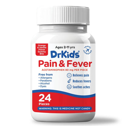 Dr. Kids Children’s Pain and Fever Gummy Bite - Chewable Acetaminophen for Kids Ages 2-11, Pre-Measured Soft Chews for Headache, Sore Throat, Cold and Flu, Orange Vanilla Flavor, 24 Count - dailyvitalstore