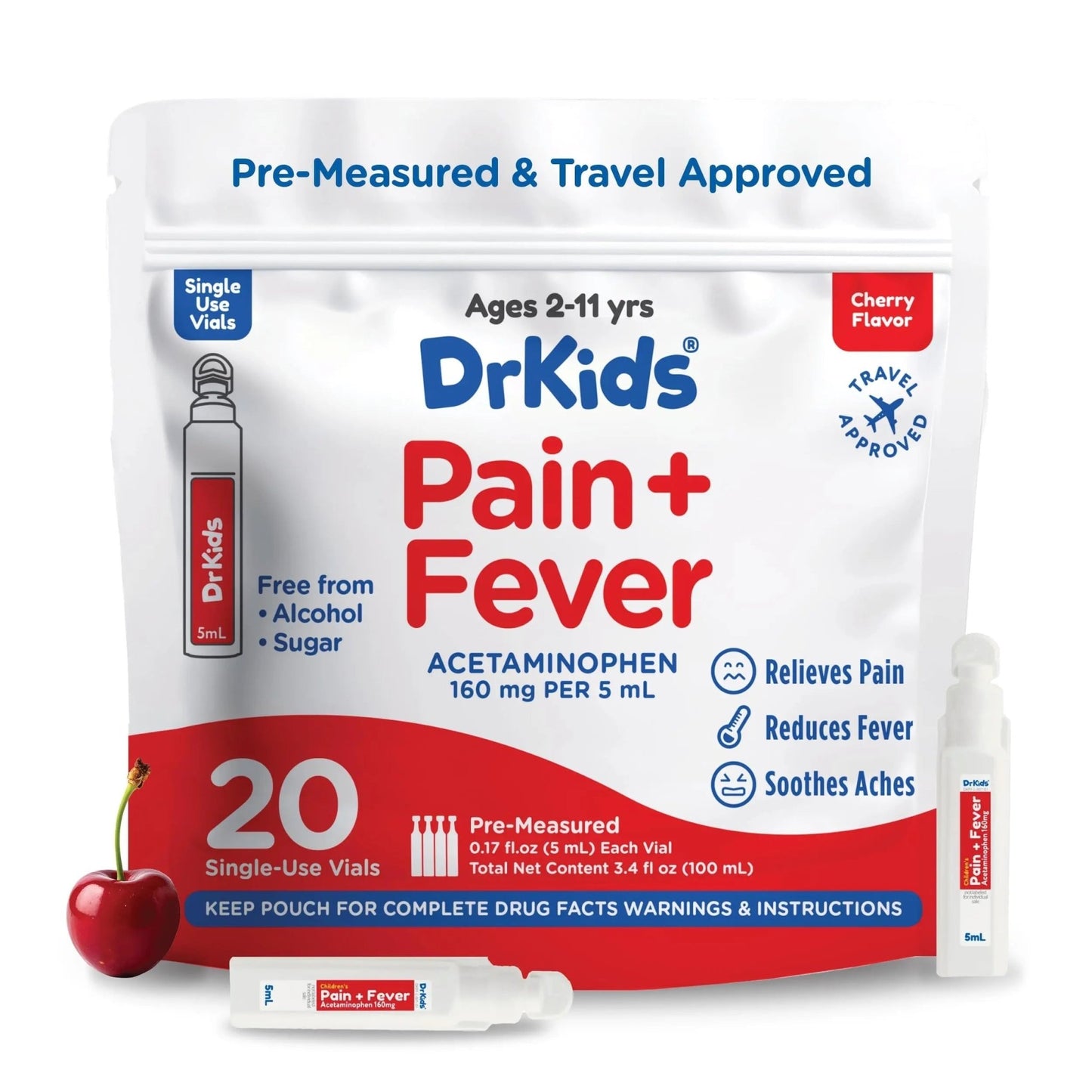 Dr. Kids Children’s Pain and Fever Medicine - Acetaminophen for Kids Ages 2-11, Pre-Measured Single-Use Vials for Headache, Sore Throat, Cold and Flu, Cherry Flavor, 20 Count - dailyvitalstore