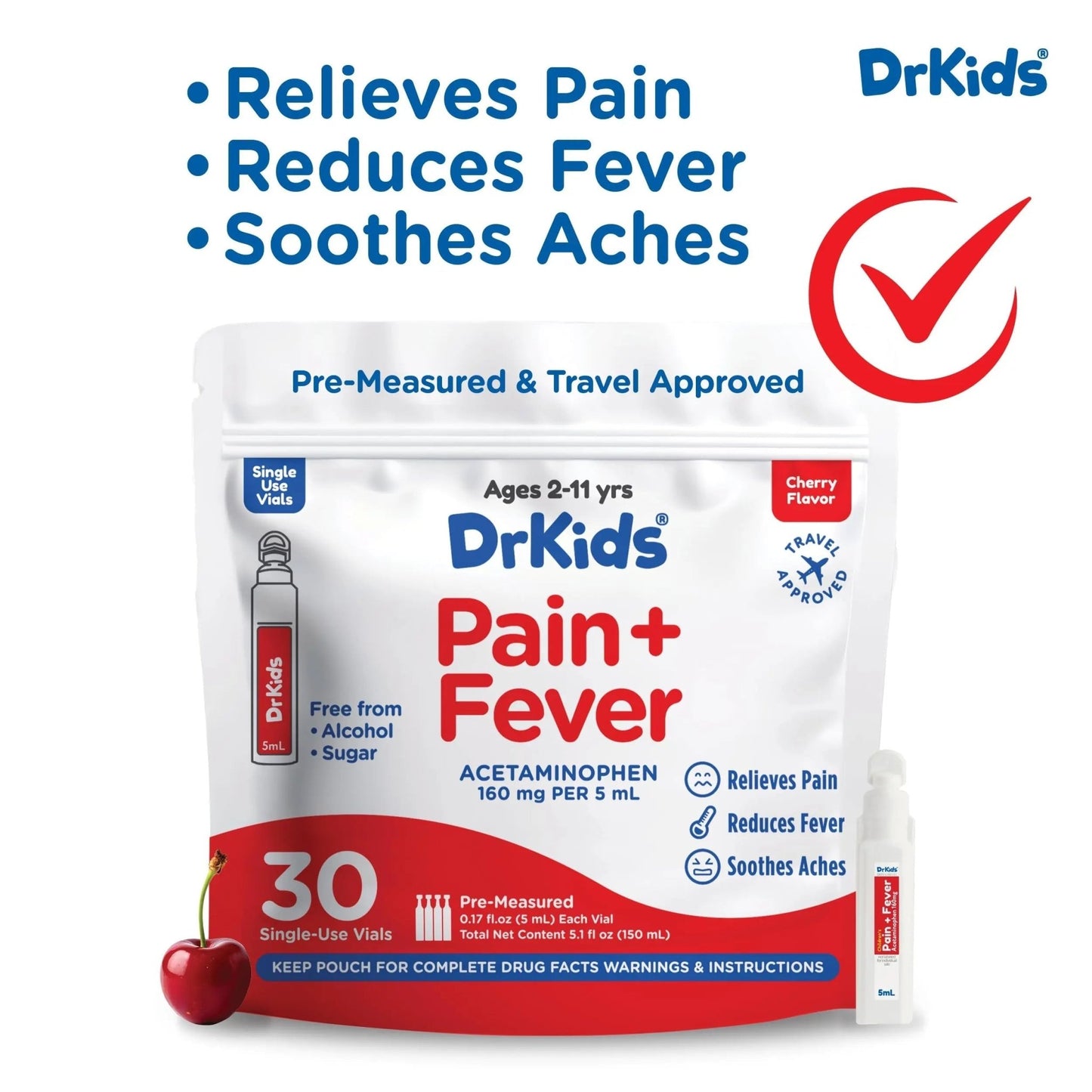 Dr. Kids Children’s Pain and Fever Medicine - Acetaminophen for Kids Ages 2-11, Pre-Measured Single-Use Vials for Headache, Sore Throat, Cold and Flu, Cherry Flavor, 30 Count - dailyvitalstore