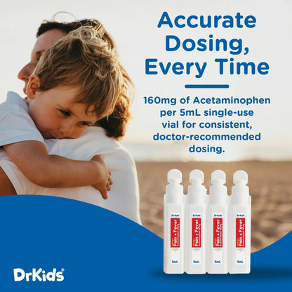 Dr. Kids Children’s Pain and Fever Medicine - Acetaminophen for Kids Ages 2-11, Pre-Measured Single-Use Vials for Headache, Sore Throat, Cold and Flu, Cherry Flavor, 30 Count - dailyvitalstore