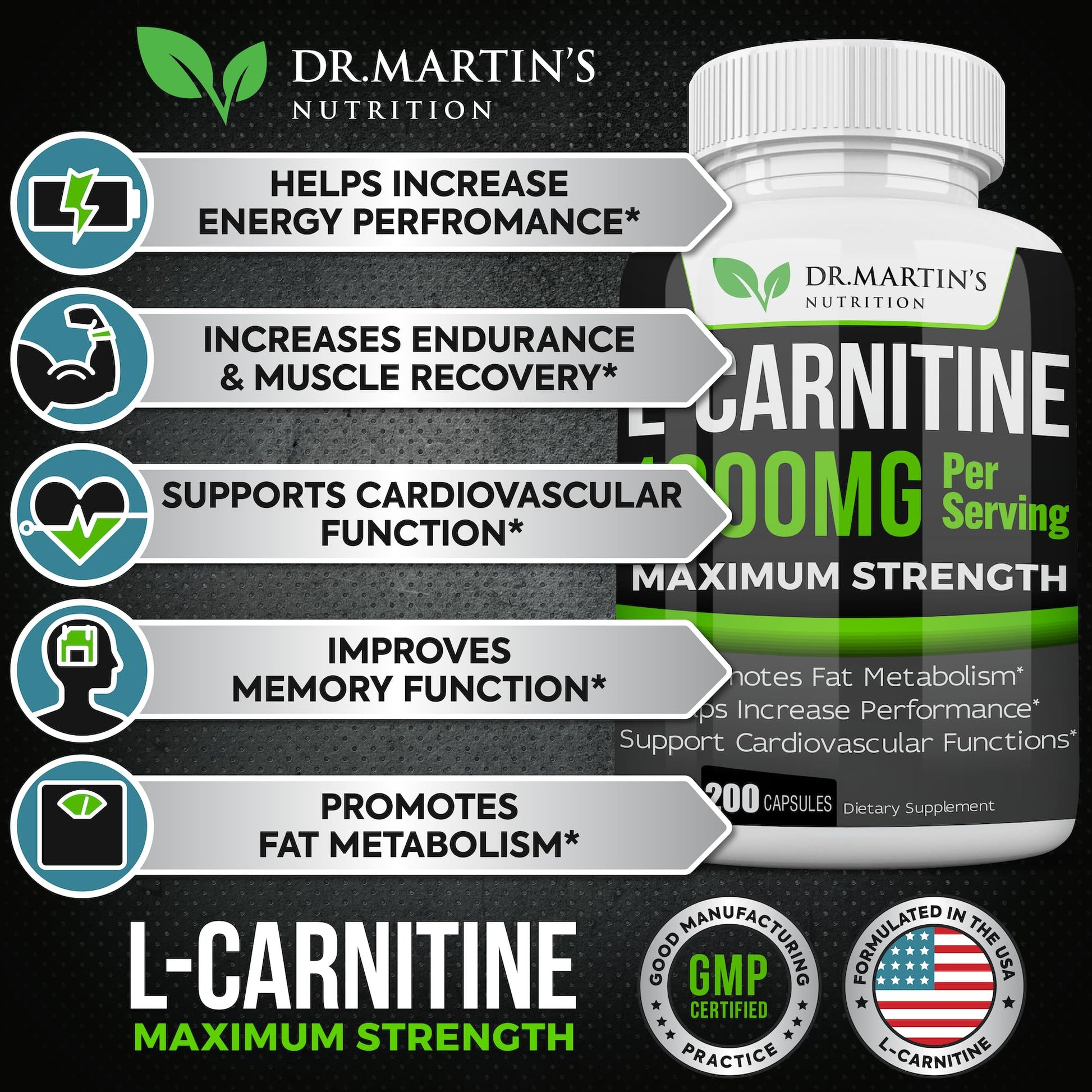 DR. MARTIN'S NUTRITION Extra Strength L-Carnitine - 200 Capsules - 1000mg Per Serving - Boost Your Metabolism and Increase Performance - dailyvitalstore