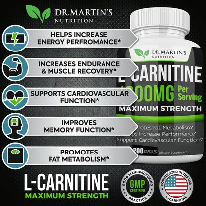 DR. MARTIN'S NUTRITION Extra Strength L-Carnitine - 200 Capsules - 1000mg Per Serving - Boost Your Metabolism and Increase Performance - dailyvitalstore