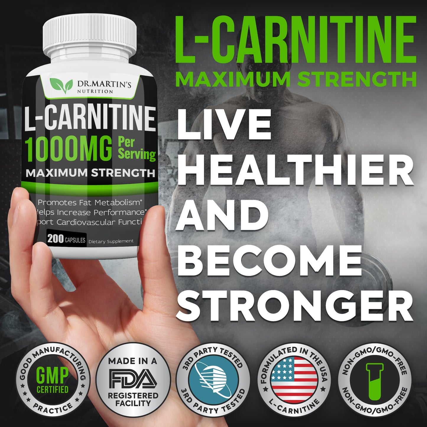 DR. MARTIN'S NUTRITION Extra Strength L-Carnitine - 200 Capsules - 1000mg Per Serving - Boost Your Metabolism and Increase Performance - dailyvitalstore