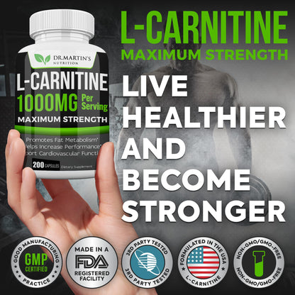 DR. MARTIN'S NUTRITION Extra Strength L-Carnitine - 200 Capsules - 1000mg Per Serving - Boost Your Metabolism and Increase Performance - dailyvitalstore