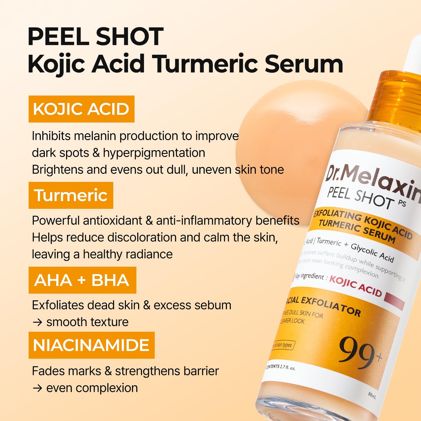 Dr. Melaxin Peel Shot Kojic Acid Turmeric Serum – Exfoliating Dark Spot Corrector with AHA/BHA & Niacinamide, Brightening & Even Tone - dailyvitalstore