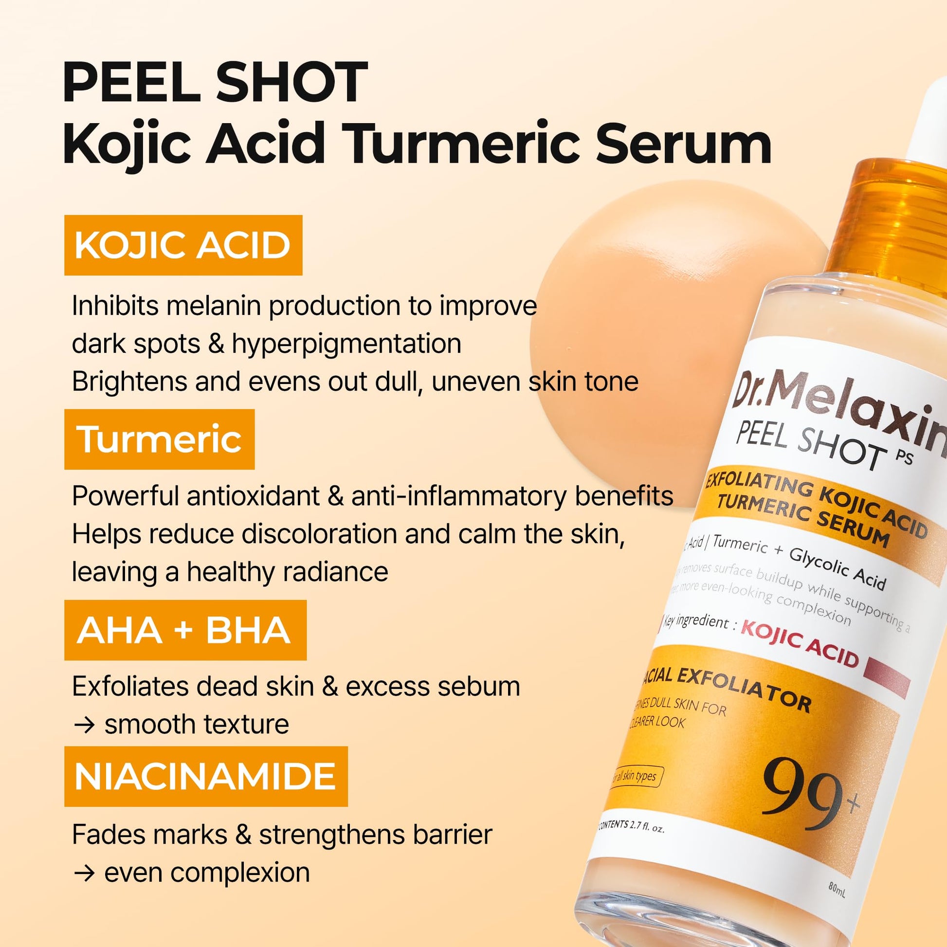 Dr. Melaxin Peel Shot Kojic Acid Turmeric Serum – Exfoliating Dark Spot Corrector with AHA/BHA & Niacinamide, Brightening & Even Tone - dailyvitalstore
