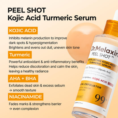 Dr. Melaxin Peel Shot Kojic Acid Turmeric Serum – Exfoliating Dark Spot Corrector with AHA/BHA & Niacinamide, Brightening & Even Tone - dailyvitalstore