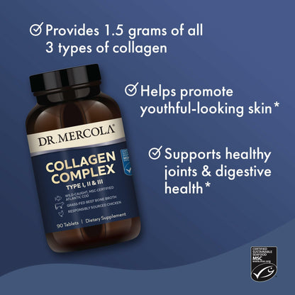 Dr. Mercola Collagen Complex - Supports Skin & Connective Tissue - Types I, II & III Collagen - Non-GMO, Gluten-Free & Soy-Free - 90 Tablets (30 Servings) - dailyvitalstore
