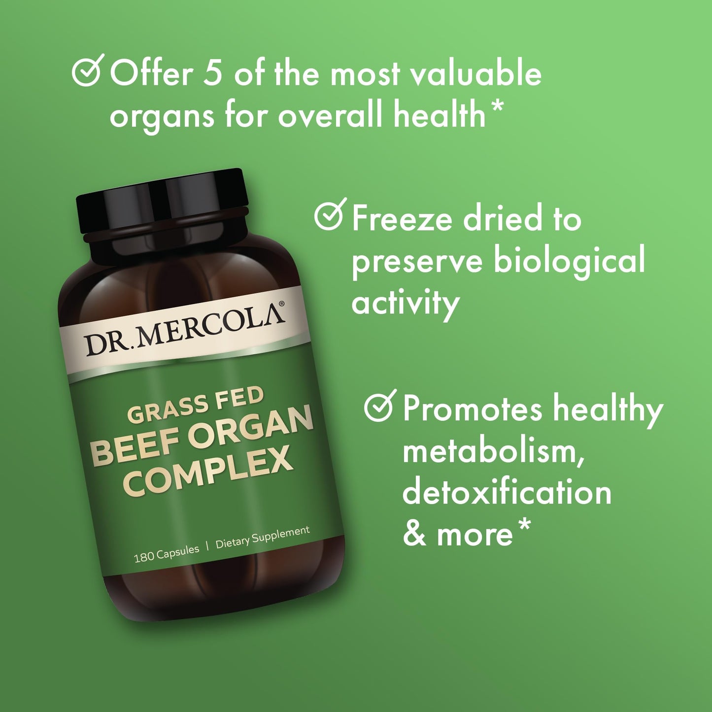 Dr. Mercola Grass Fed Beef Organ Complex - Supports Whole Body Wellness - Freeze-Dried Organ Blend - Non-GMO - Gluten-Free - 180 Capsules - dailyvitalstore