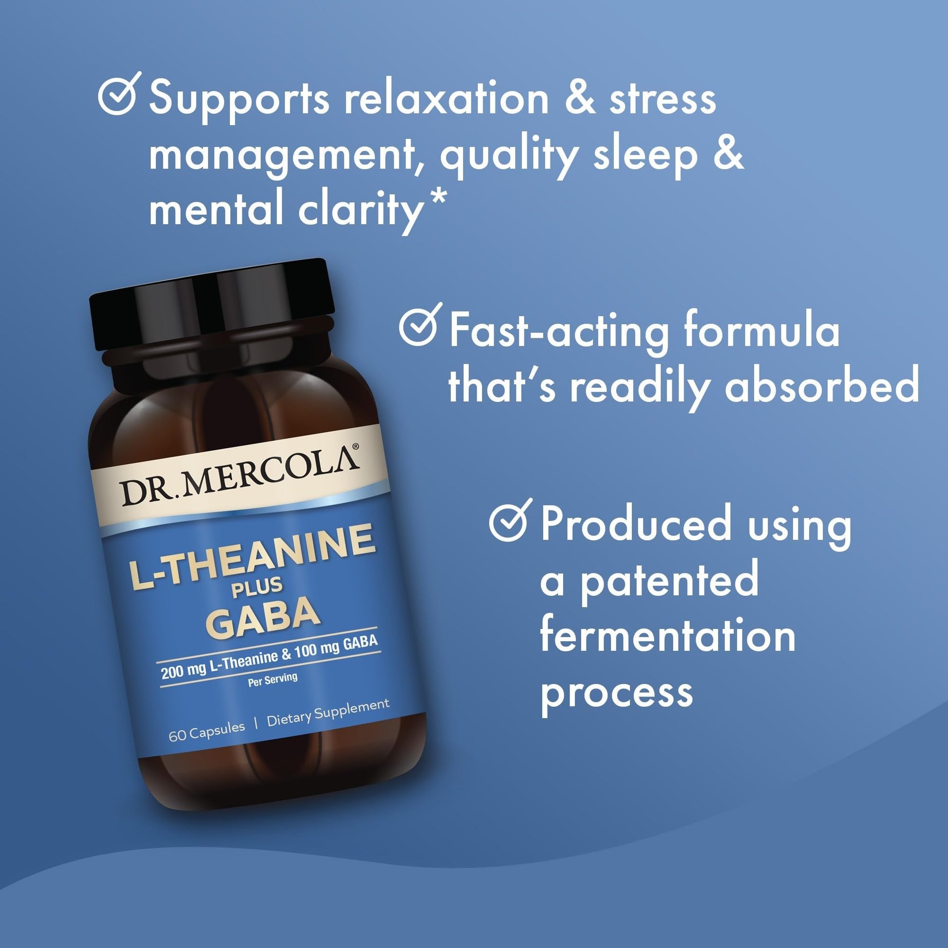 Dr. Mercola L-Theanine Plus GABA - Supports Relaxation - Focus & Cognitive Function - Stress Support Supplement - 200 mg L-Theanine - 100 mg GABA - 60 Capsules - dailyvitalstore