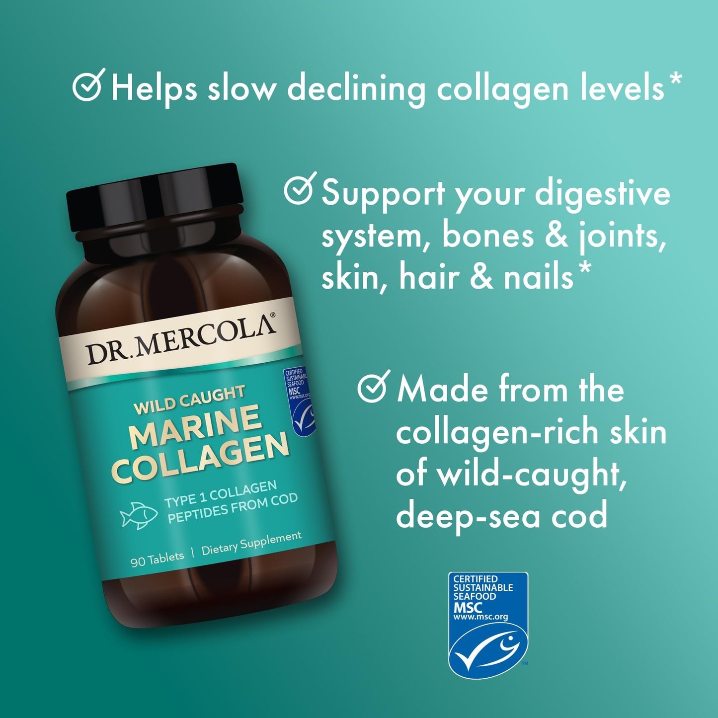 Dr. Mercola Marine Collagen - Supports Skin & Connective Tissue Health - Type I Collagen Peptides - MSC Certified Wild-Caught Cod - 90 Tablets - dailyvitalstore
