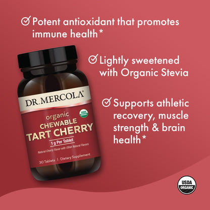 Dr. Mercola Organic Chewable Tart Cherry - Antioxidant Support - Made from Whole-Fruit Montmorency Cherries - USDA Organic - Stevia Sweetened - 30 Tablets - dailyvitalstore