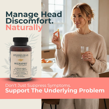 Dr. Munnerlyn MigraPro with Probiotics, Brain and Gut Health Support Supplement with Magnesium, Riboflavin, CoQ10, Ginger Root, Asian Ginseng, Vitamin C, Feverfew & Turmeric, Gluten Free, 90 Capsules - dailyvitalstore