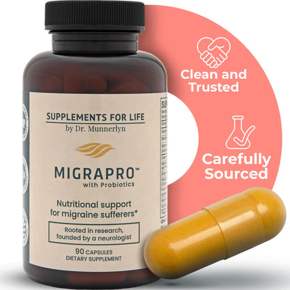 Dr. Munnerlyn MigraPro with Probiotics, Brain and Gut Health Support Supplement with Magnesium, Riboflavin, CoQ10, Ginger Root, Asian Ginseng, Vitamin C, Feverfew & Turmeric, Gluten Free, 90 Capsules - dailyvitalstore