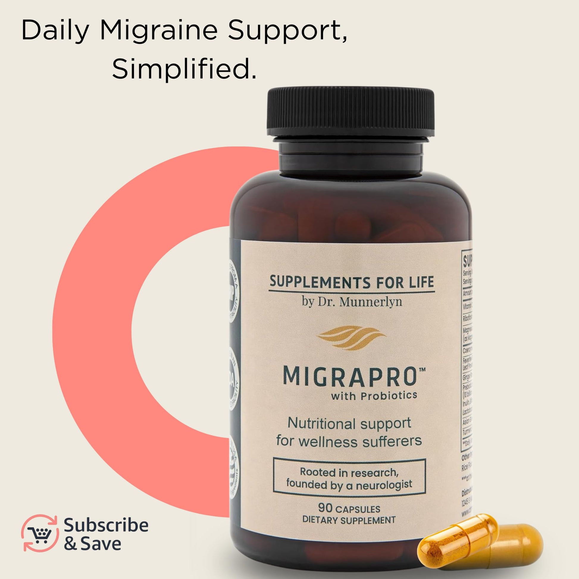Dr. Munnerlyn MigraPro with Probiotics, Brain and Gut Health Support Supplement with Magnesium, Riboflavin, CoQ10, Ginger Root, Asian Ginseng, Vitamin C, Feverfew & Turmeric, Gluten Free, 90 Capsules - dailyvitalstore