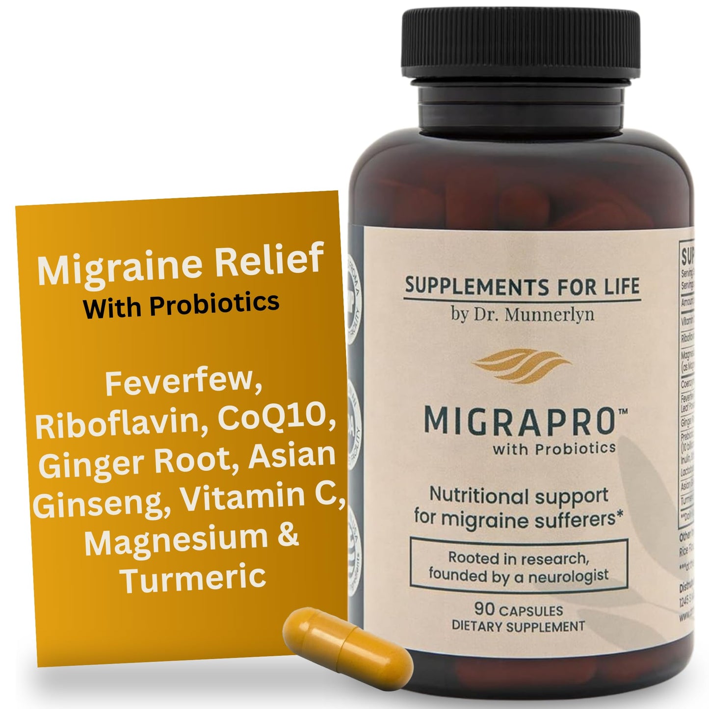 Dr. Munnerlyn MigraPro with Probiotics, Brain and Gut Health Support Supplement with Magnesium, Riboflavin, CoQ10, Ginger Root, Asian Ginseng, Vitamin C, Feverfew & Turmeric, Gluten Free, 90 Capsules - dailyvitalstore