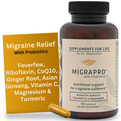 Dr. Munnerlyn MigraPro with Probiotics, Brain and Gut Health Support Supplement with Magnesium, Riboflavin, CoQ10, Ginger Root, Asian Ginseng, Vitamin C, Feverfew & Turmeric, Gluten Free, 90 Capsules - dailyvitalstore