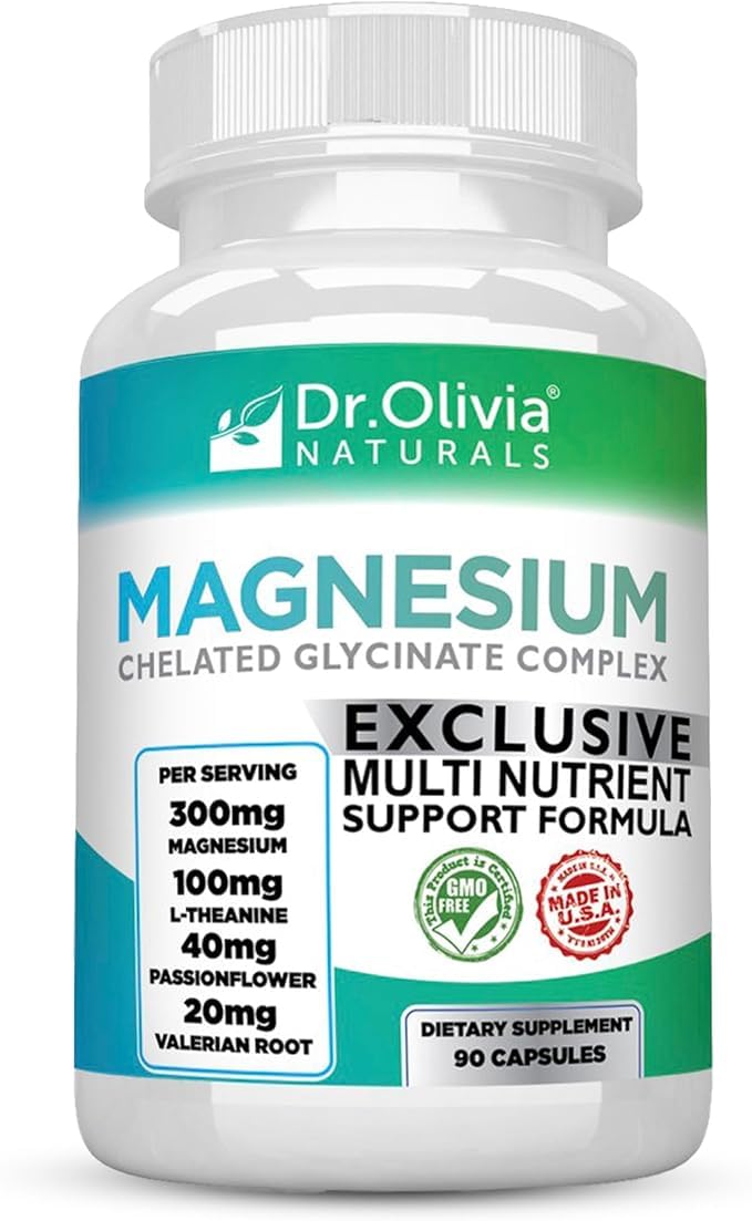 Dr. Olivia Naturals Magnesium Glycinate Complex - L-Theanine, Passionflower & Valerian Root for Sleep Support Supplement, Nerve & Muscle Health, High Absorption - 90 Vegetarian Capsules - dailyvitalstore