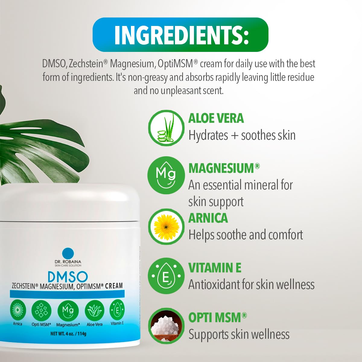 Dr. Robaina DMSO Cream – 99.9% Pure Dimethyl Sulfoxide | Formula with Zechstein Magnesium, Arnica, Aloe Vera & Vitamin E | Topical Cream for Body Wellness - dailyvitalstore