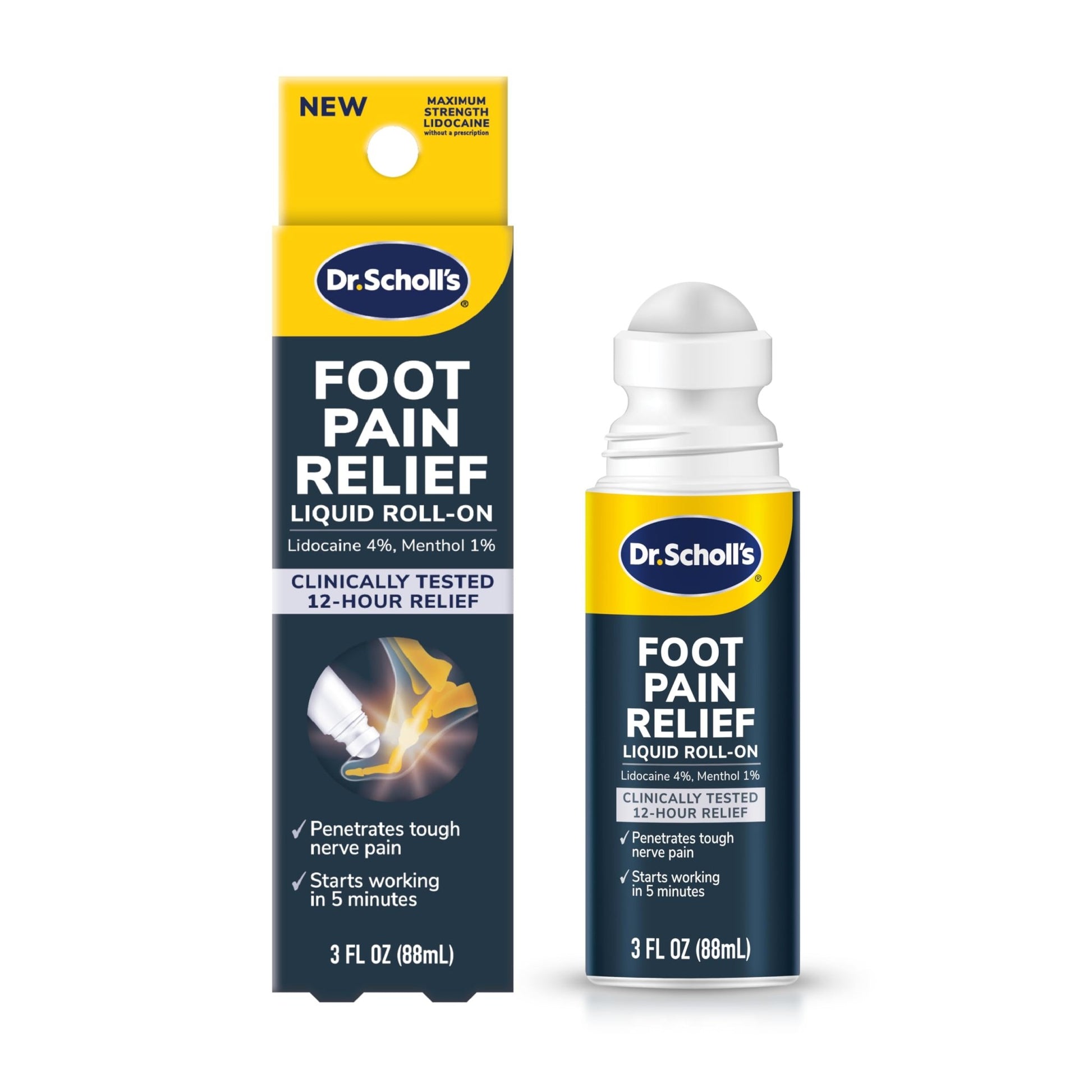 Dr. Scholl's Foot Pain Relief Liquid ROLL-ON, 3.0 oz // Clinically Tested 12-Hour Pain Relief - Penetrates Tough Nerve Pain - Works in 5 Minutes - Non-Greasy - with Lidocaine & Menthol - dailyvitalstore