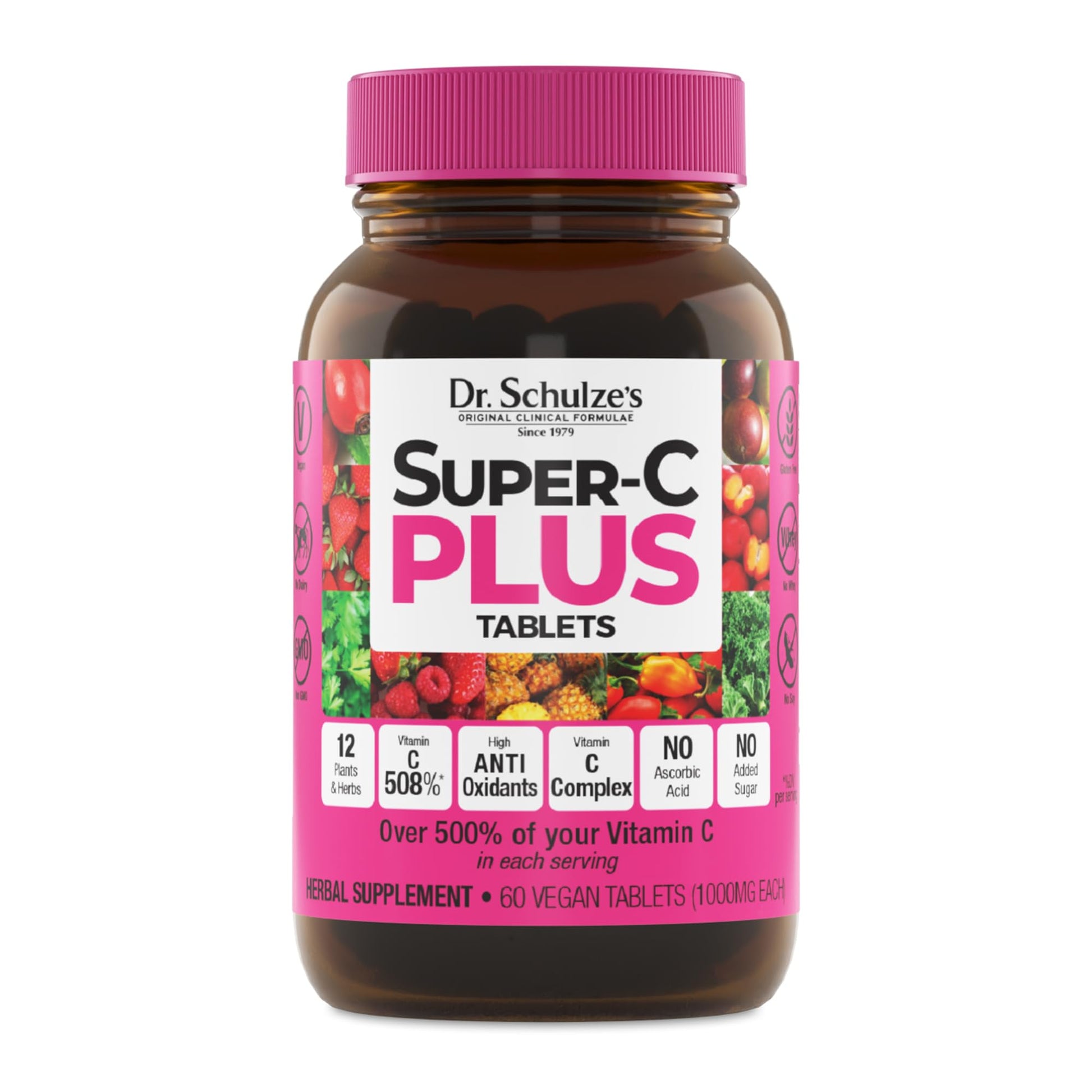 Dr. Schulze's Super-C Plus - Vitamin C Supplement for Immune Support - Skin Health & Antioxidant Support - High-Potency Formula - Plant-Based Superfood - Gluten-Free & Vegan - 60 Count (20 Servings) - dailyvitalstore