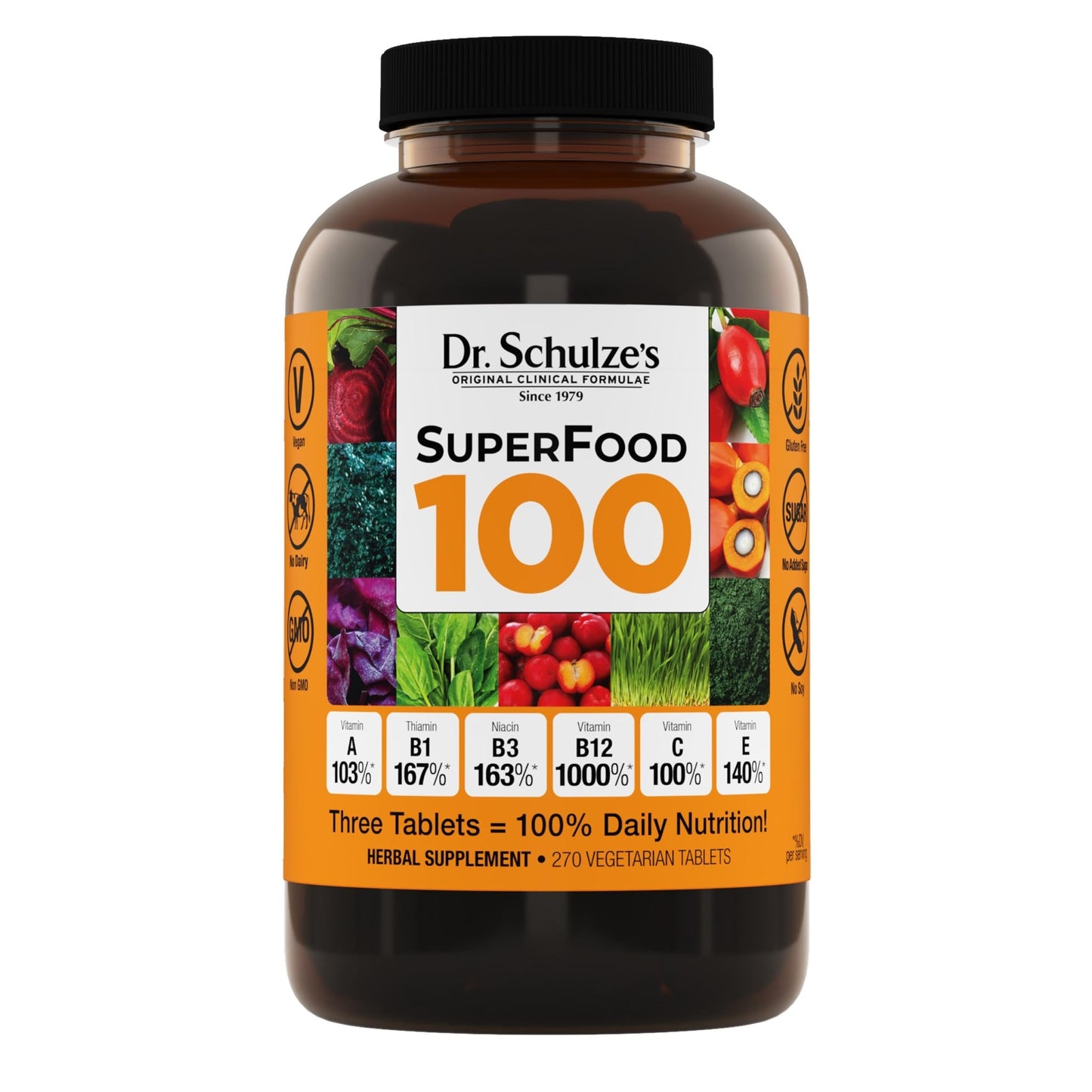 Dr. Schulze's SuperFood 100 - Everyday Superfood Supplement to Support Overall Wellness - Mutivitamin Support for Cellular Nutrition & Energy - Clean Ingredients - Gluten-Free & Dairy-Free - 270 Count - dailyvitalstore