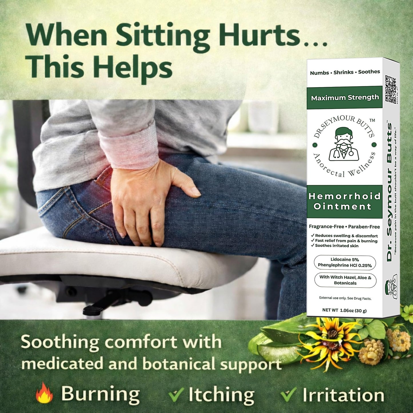 Dr. Seymour Butts Hemorrhoid Ointment – Lidocaine 5% Pain Relief for Burning, Itching & Irritation | External Hemorrhoid Care with Witch Hazel, Aloe & Botanical Support - dailyvitalstore