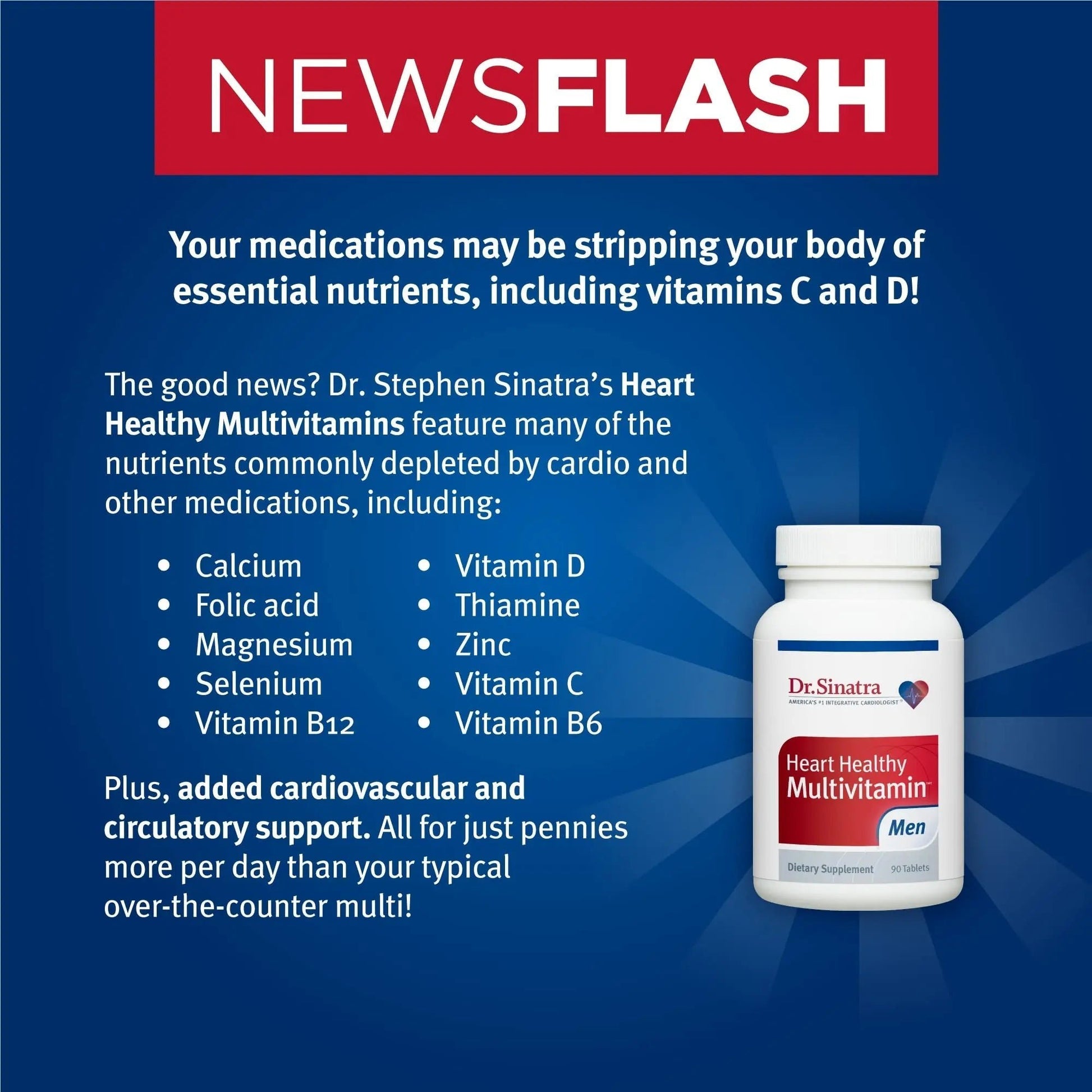 Dr. Sinatra Heart Healthy Multivitamin for Men with Vitamin D 1000 IU, A, B12, C, E, and Zinc, 90 Tablets (30-Day Supply) - dailyvitalstore
