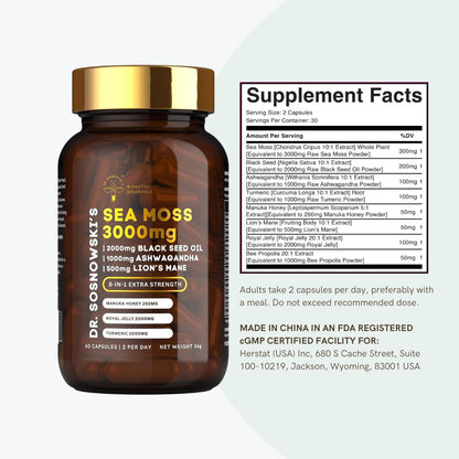 Dr Sosnowski's BioActive Sea Moss | 8-in-1 Formula Enriched with Black Seed, Ashwagandha, Turmeric, Manuka Honey, Lion's Mane, Royal Jelly, Bee Propolis Extract | 60 Capsules - dailyvitalstore