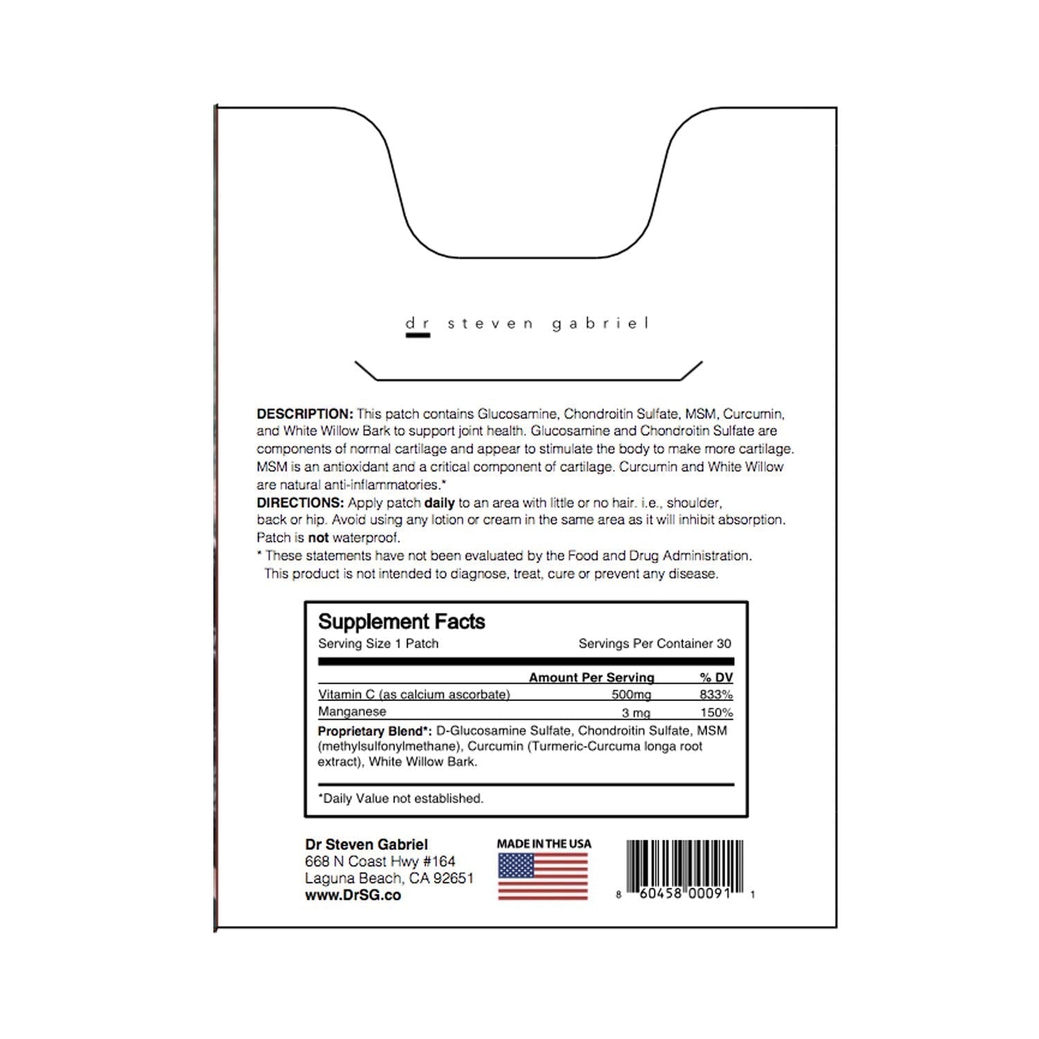 Dr. Steven Gabriel | Glucosamine Patch | Joint Relief, Improve Flexibility | Chrondroitin | 30 Day Supply - dailyvitalstore