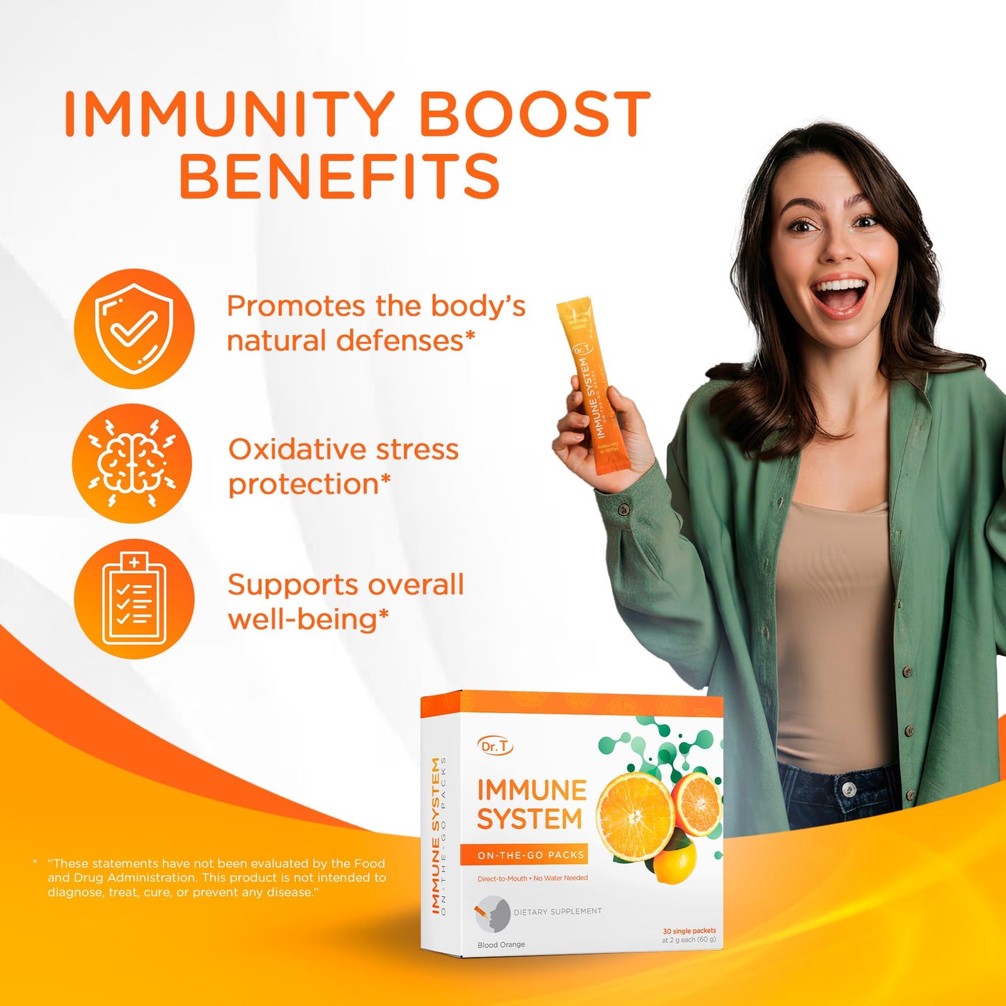 Dr. T On-the-go Packs – Immune System Formula – No Water Needed, Direct-to-Mouth – with Vitamins C, E, Zinc & Selenium – Supports Daily Wellness, Vitality & Overall Health – Orange, 30 Packs - dailyvitalstore