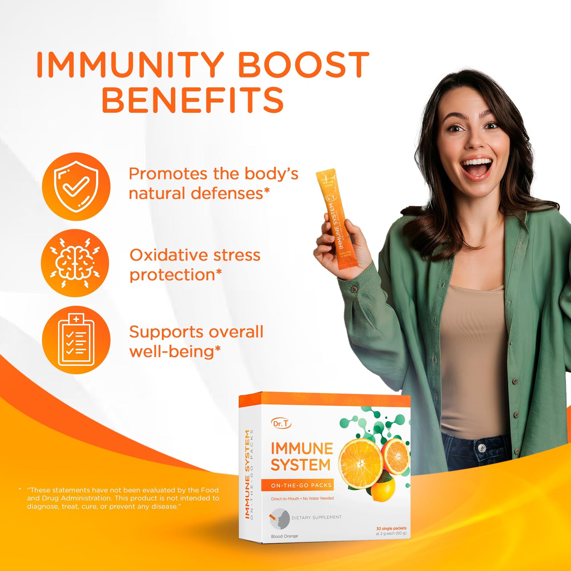 Dr. T On-the-go Packs – Immune System Formula – No Water Needed, Direct-to-Mouth – with Vitamins C, E, Zinc & Selenium – Supports Daily Wellness, Vitality & Overall Health – Orange, 30 Packs - dailyvitalstore