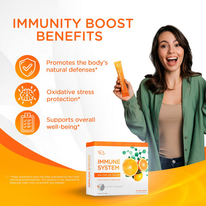 Dr. T On-the-go Packs – Immune System Formula – No Water Needed, Direct-to-Mouth – with Vitamins C, E, Zinc & Selenium – Supports Daily Wellness, Vitality & Overall Health – Orange, 30 Packs - dailyvitalstore