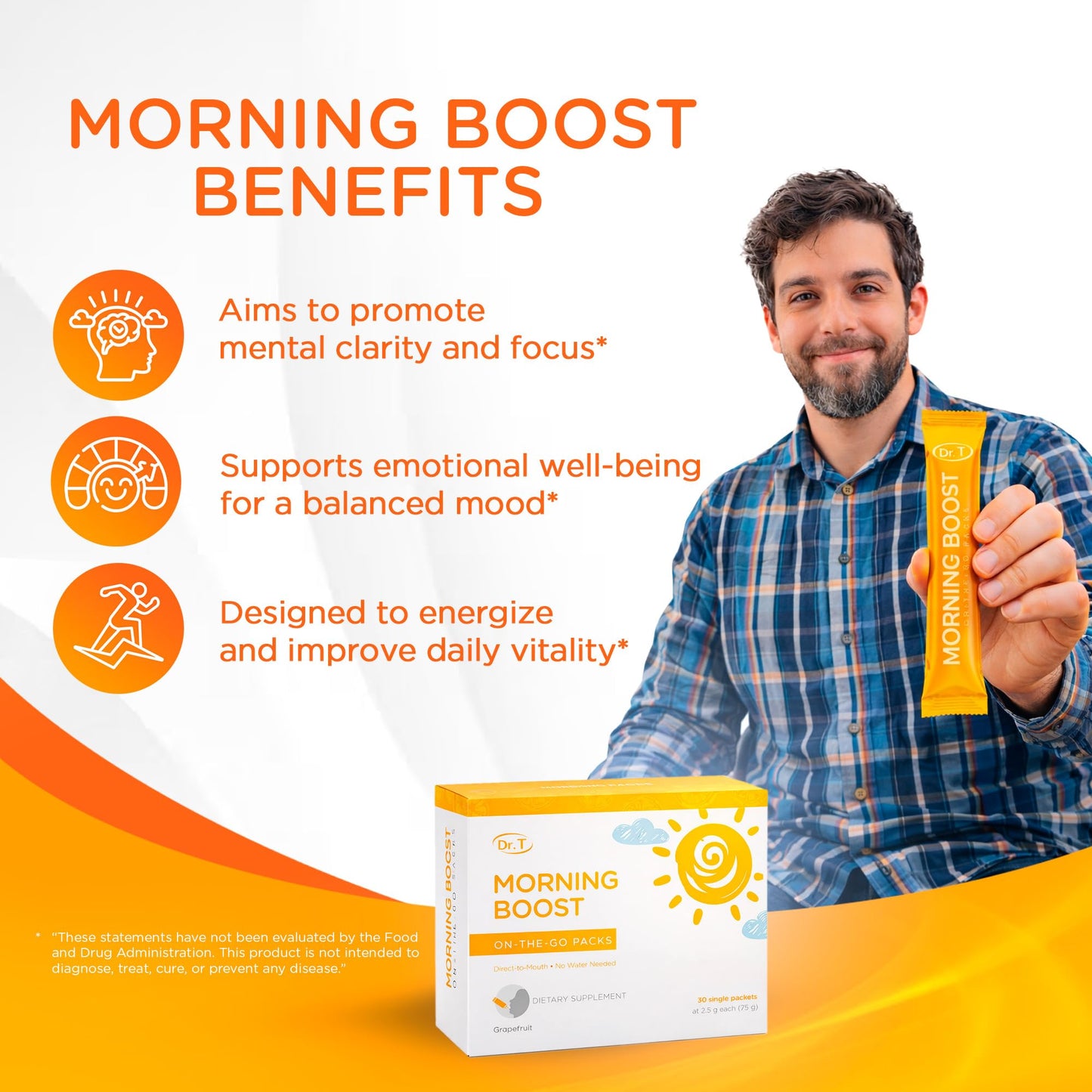 Dr. T On-the-go Packs – Morning Boost Formula – No Water Needed, Direct-to-Mouth – with Vitamins C, B6, B12 & Camu-Camu Extract – Supports Focus, Energy & Well-Being – Grapefruit, 30 Packs - dailyvitalstore