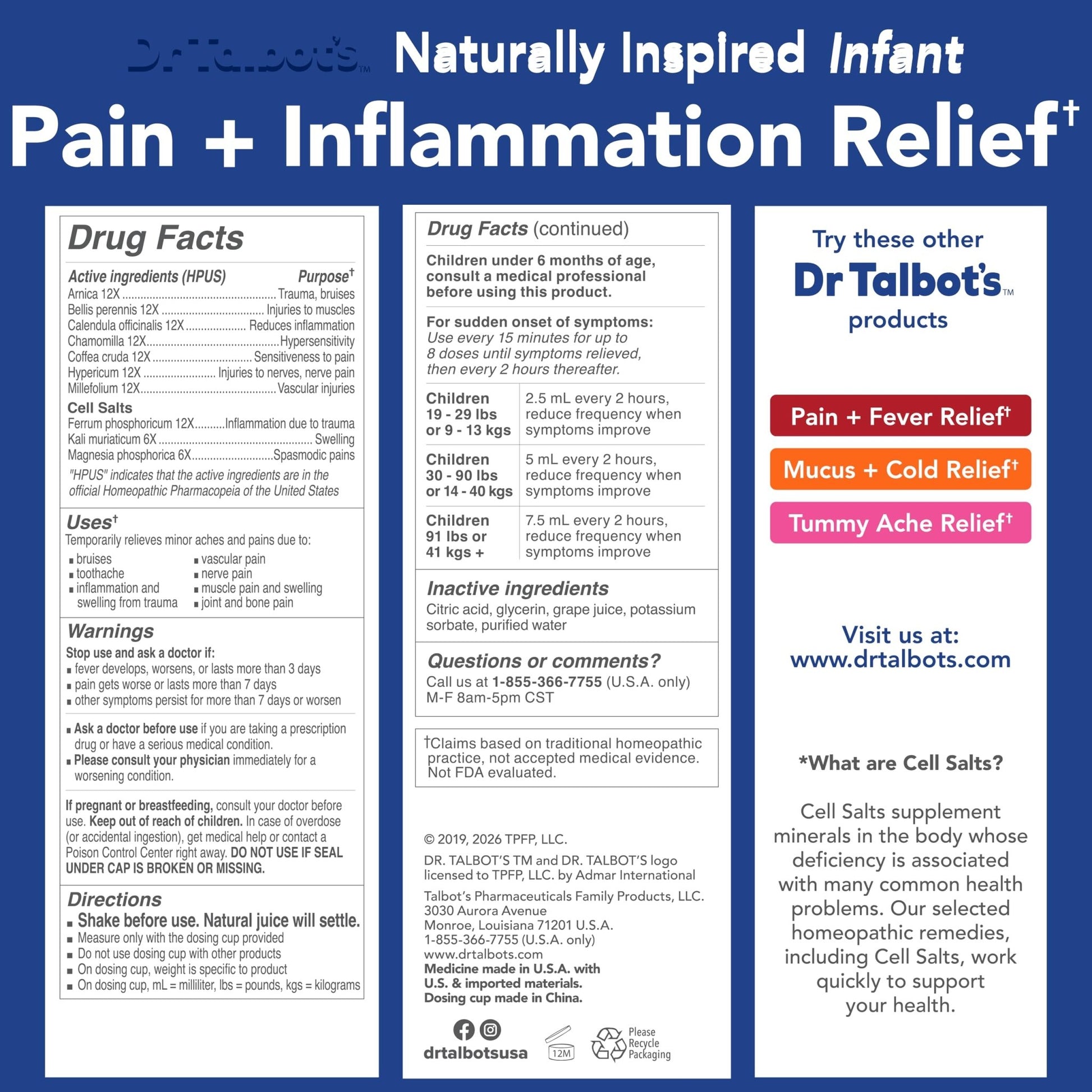 Dr. Talbot's Pain + Inflammation Relief Liquid Medicine for Children, Includes Dosage Cup, Grape Juice Flavor, 4 Fl Oz (Packaging May Vary) - dailyvitalstore
