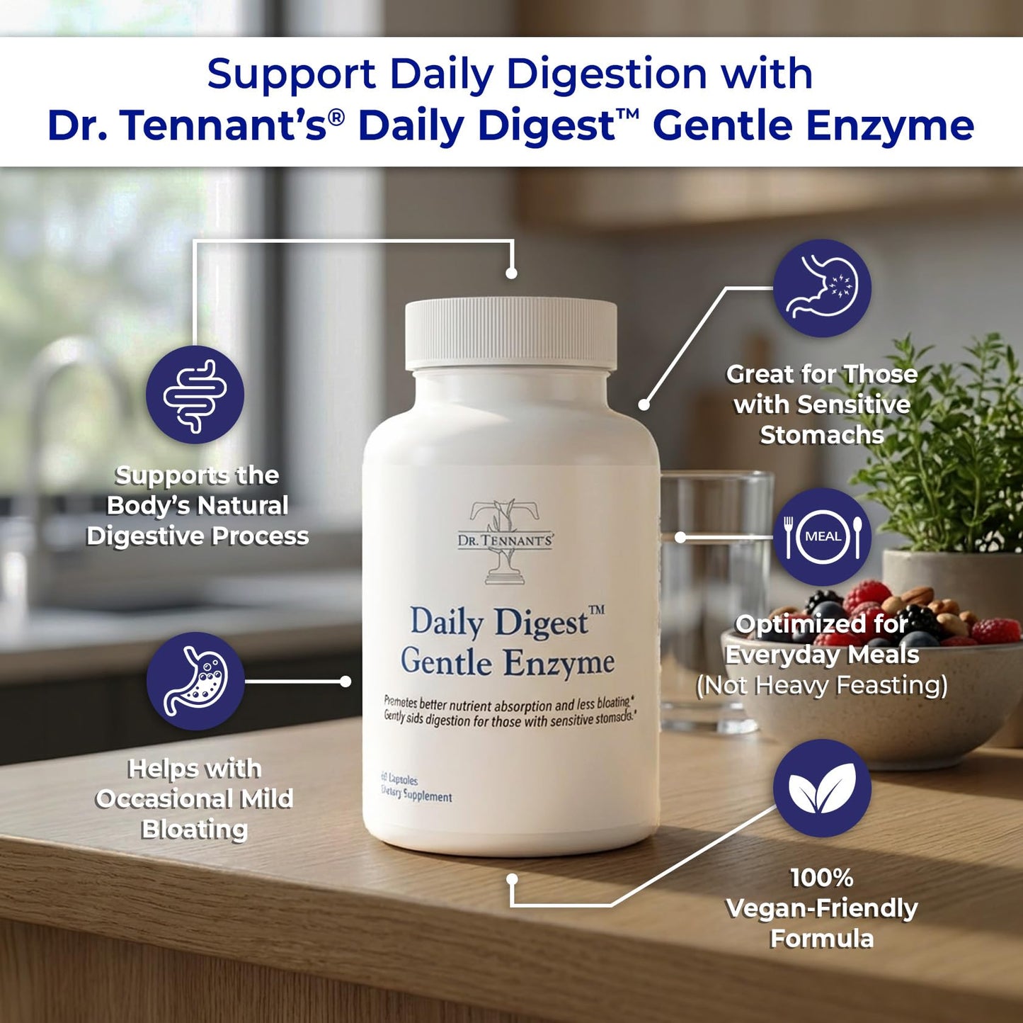 Dr. Tennant's Digestive Enzymes with Bromelain, Papain and Lipase - Bloating Relief and Gas Support for Sensitive Stomachs, Vegan, 27-Enzyme Blend, - dailyvitalstore