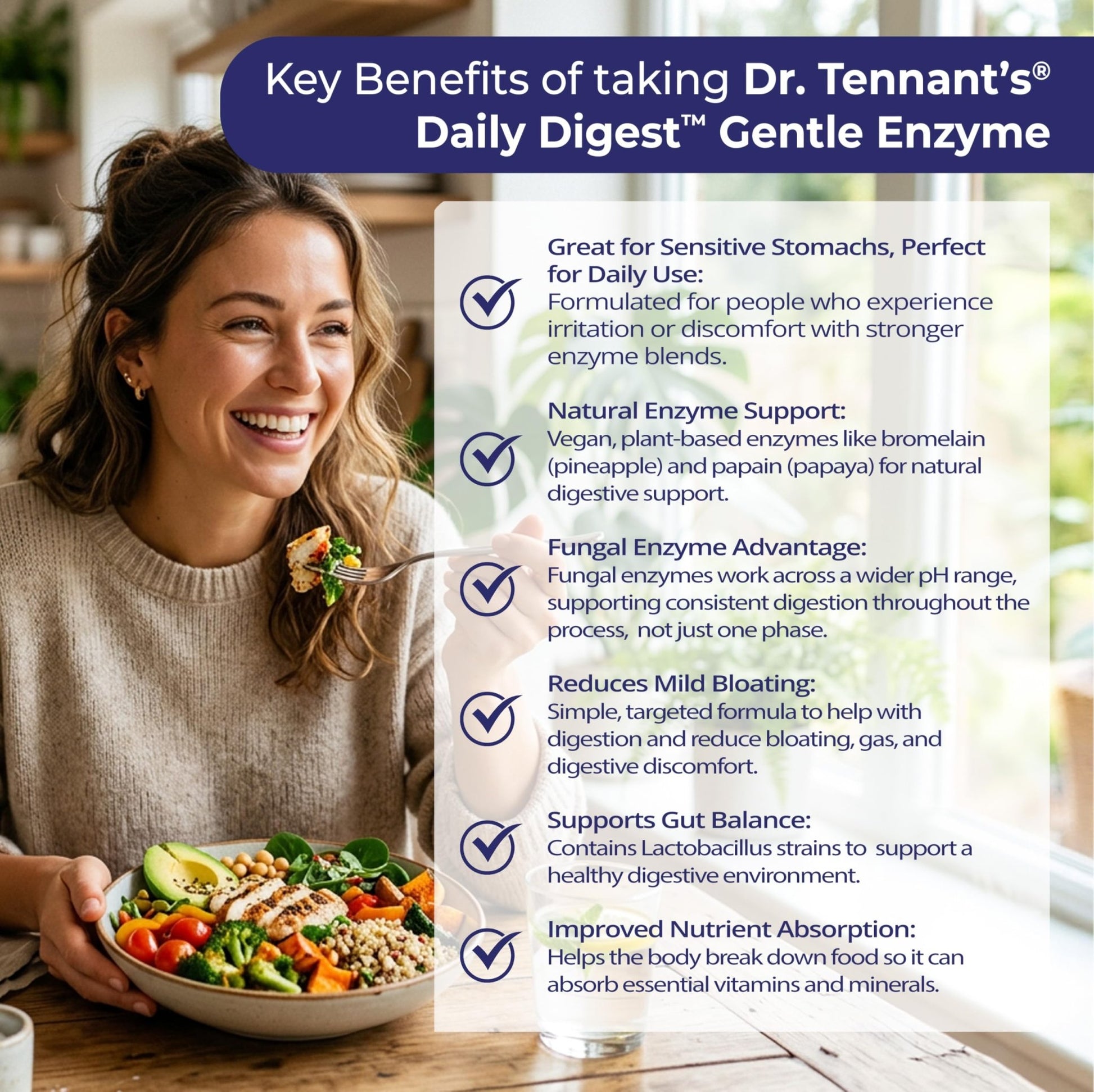 Dr. Tennant's Digestive Enzymes with Bromelain, Papain and Lipase - Bloating Relief and Gas Support for Sensitive Stomachs, Vegan, 27-Enzyme Blend, - dailyvitalstore